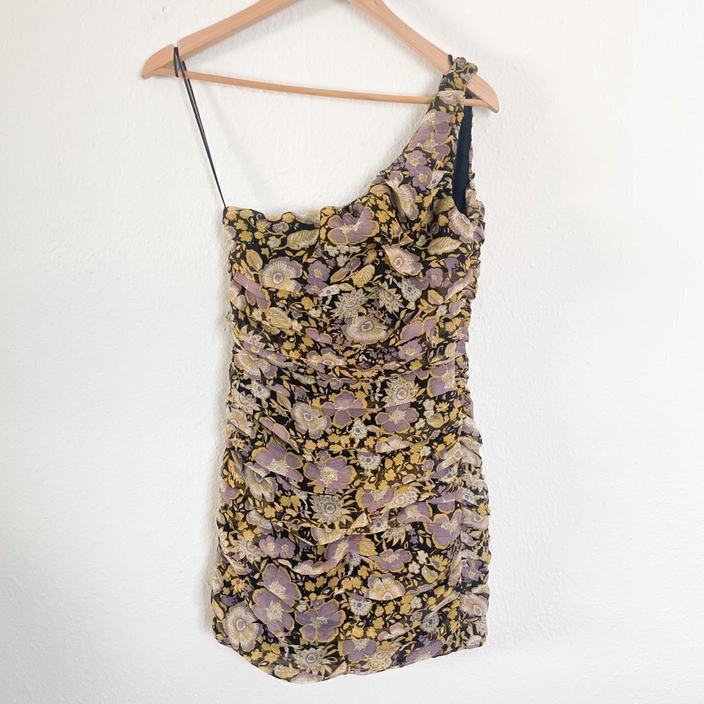 Zara Floral One Shoulder Mini Dress purple gold floral size small - Picture 4 of 12